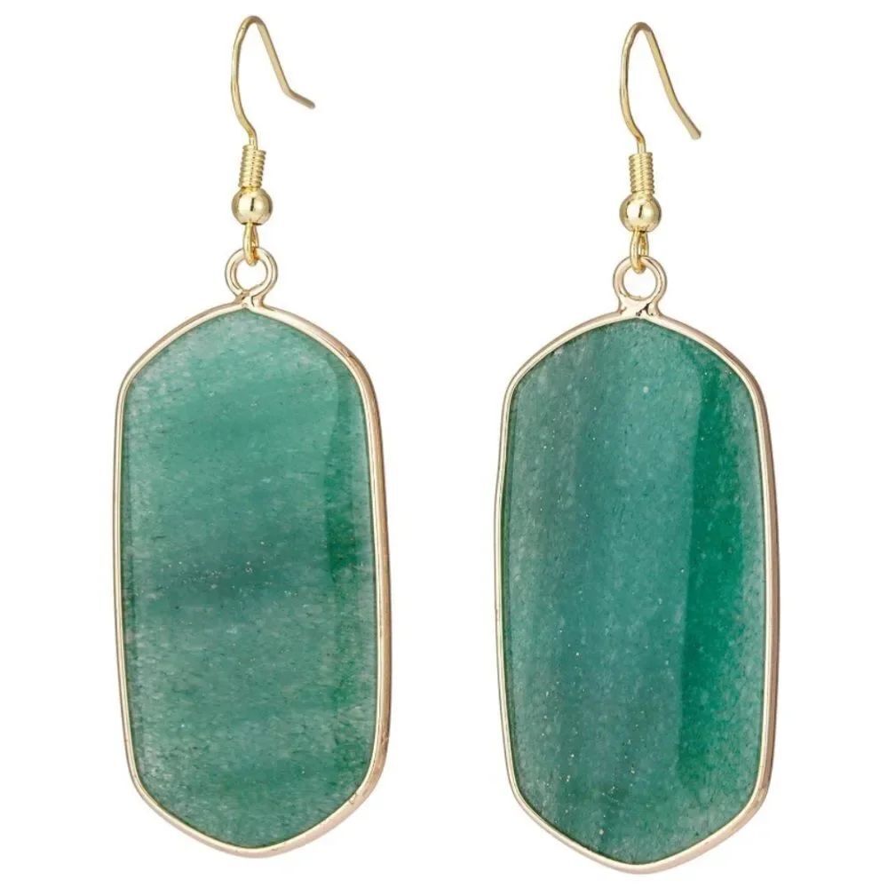 18K Yellow Gold with Natural Green Aventurine Stone French Wire Hook Earrings